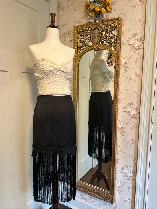 Nasty Gal Dresses & Skirts - Nasty Gal Black Satin Fringe Hem Midi Skirt – Size US 4 / UK 8 Boho Festival